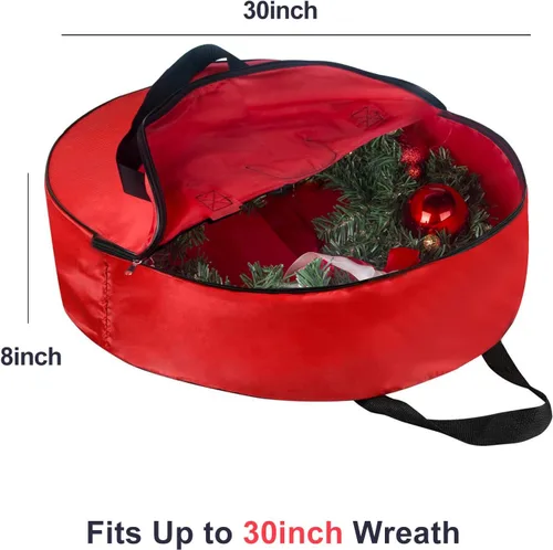 Miniatura 2 de TQS - Bolsa grande para almacenamiento de coronas de Navidad de 30 pulgadas, roja, de algodón, cierre de cremallera, asas reforzadas, dobles Rojo
