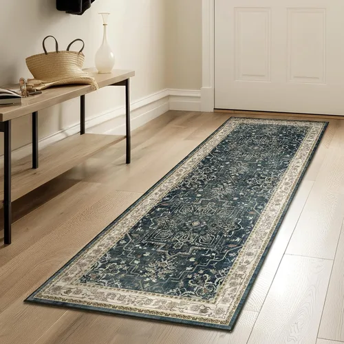 Miniatura 92 de Alfombra de pasillo profundo azul 2x8, alfombra de pasillo lavable antideslizante para entrada interior, alfombra de medallón vintage de 0.27