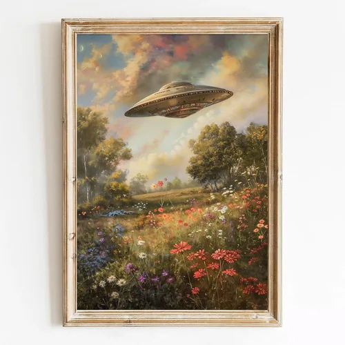 Miniatura 15 de Lienzo de paisaje del desierto para pared, póster de platillo volador, imagen retro de los años 70, estilo de los años 70, arte de pared vintage