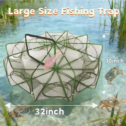 Miniatura 3 de Trampa de peces plegada de 32 x 10 pulgadas y trampa para cangrejos de 24 x 12 pulgadas, trampa plegable de 10 agujeros y 10 lados con trampa