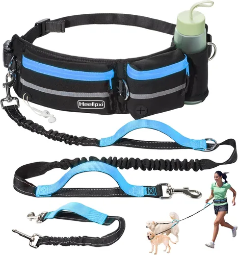 Miniatura 12 de Correa para perro con cinturón, costuras reflectantes, asas dobles, diseño retráctil elástico, perfecto para correr, negro, adecuado para perros