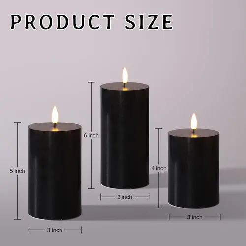 Miniatura 2 de Velas de pilar sin llama negras con control remoto, velas LED parpadeantes de cera que funcionan con pilas, juego de 3 Negro