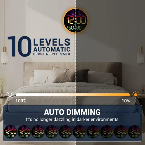 Miniatura 6 de Reloj de pared digital grande de 10 pulgadas: 13 RGB que cambia de color LED moderno reloj con control remoto, pantalla grande con atenuación