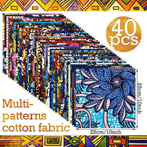 Miniatura 2 de Mixweer 40 piezas de tela de algodón africano de 10 x 10 pulgadas, paquetes de telas de acolchado Kente, cuadrados de cera africana Ankara