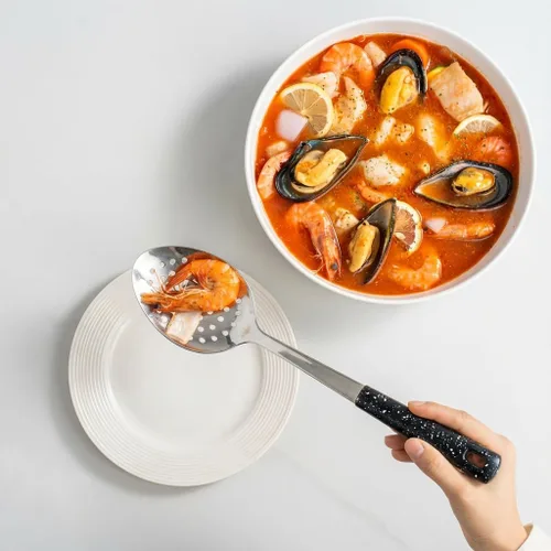 Miniatura 2 de Juego de 5 cucharas de servir de acero inoxidable, cucharas grandes para servir con cucharón y cuchara ranurada, cucharas de metal para cocinar