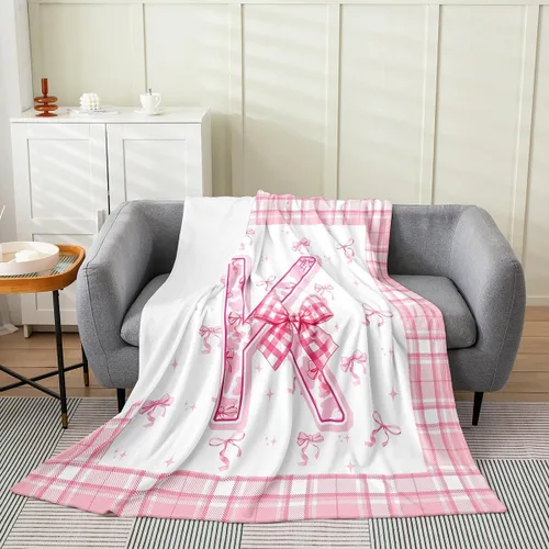 Miniatura 21 de Erosebridal Manta de franela con inicial de letra B, manta de forro polar con lazo rosa, 40 x 50 pulgadas, bonitos lazos del alfabeto, manta