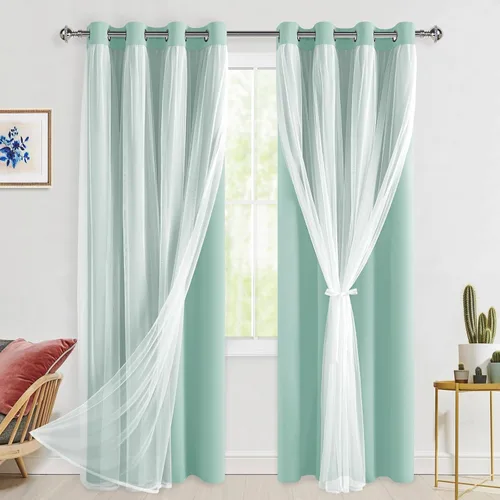 Miniatura 121 de Hiasan Cortinas opacas con superposición transparente, aislamiento térmico para mezclar y combinar de doble capa, cortinas de oscurecimiento de Beige