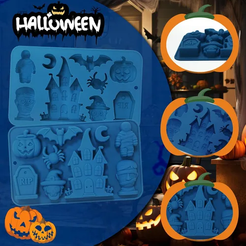 Miniatura 4 de Sidosir 2 moldes de silicona para gomitas de chocolate con castillo de Halloween, calabaza, murciélago, araña para postre de mousse, momia