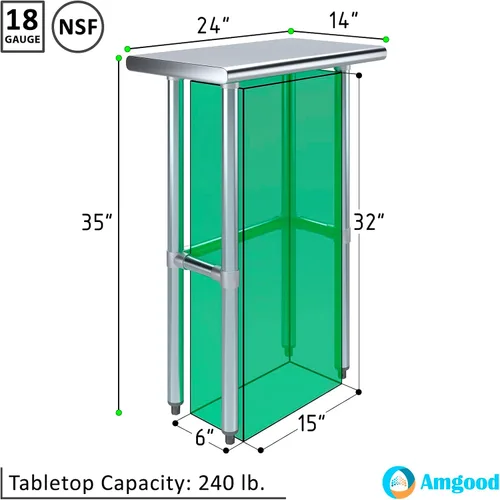 Miniatura 3 de AmGood Mesa de trabajo de acero inoxidable de base abierta de 14 pulgadas x 24 pulgadas Residencial y comercial Preparación de alimentos