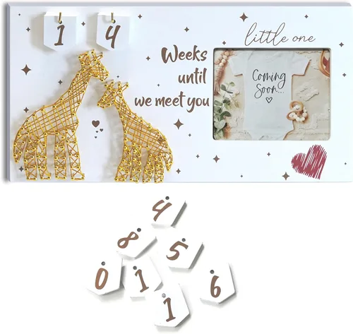 Yudarte Ultrasound Picture Frame 4x3 Inch with Baby Countdown Weeks Sonogram - Pregnancy Announcement Golden Giraffe Nails and String Decor - Ideal