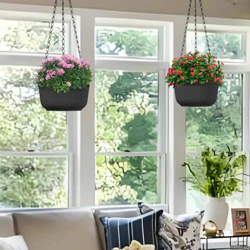 Miniatura 5 de Juego de 2 macetas colgantes para plantas de interior y exterior, macetas colgantes de riego automático de 8 pulgadas con platillo interno, orificio