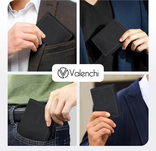 Miniatura 7 de VALENCHI Cartera de piel auténtica para hombre, con bloqueo RFID, delgada, con solapa media, 9 tarjetas, 2 ventanas de identificación + 2