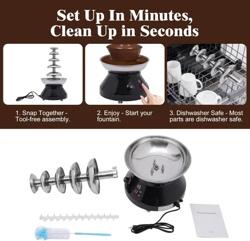 Miniatura 6 de Fuente de chocolate comercial de 5 niveles, 230 W, 7 libras, gran capacidad, acero inoxidable, torre de fondue de chocolate caliente, máquina