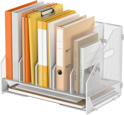 Miniatura 14 de Organizador de Carpetas de Archivos de Escritorio - 5 Compartimentos Verticales con Estantes y Bandeja para Cartas de Papel, Clasificador de Negro