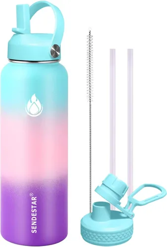 Miniatura 10 de SENDESTAR Botella de agua aislada de 24 onzas, boca ancha, botella de agua de 24 onzas con tapa con popote, tapa de boquilla, acero inoxidable