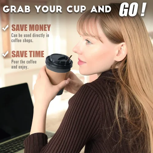 Miniatura 2 de Paquete de 100 tazas de café desechables de 12 onzas para llevar con tapas, fundas y pajitas, 100% biodegradables y compostables, tazas de café