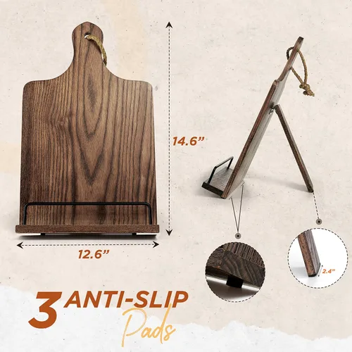 Miniatura 3 de FANATU Soporte para libro de cocina, de madera rústica, estilo tabla de cortar, soporte ajustable para libros de recetas para iPad y soporte