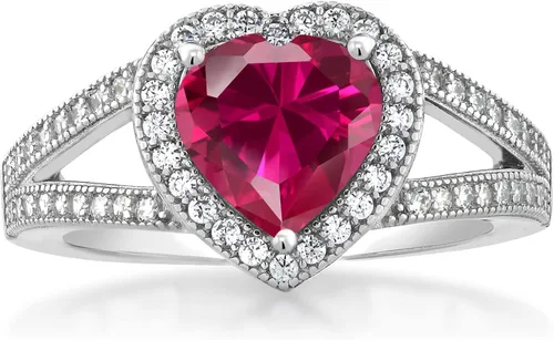 Miniatura 2 de Gem Stone King Anillo de plata de ley 925 con rubí creado rojo y moissanita creada para mujer