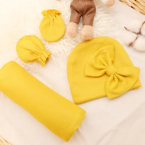 Miniatura 5 de AQOKKA Manta para Recién Nacido con Moño, Juego de Sombrero y Guantes, Tarjeta de Madera para Recién Nacidos, Niños, Niñas, Envoltorio para Envolver