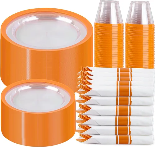 Miniatura 20 de I00000 Juego de 210 platos rojos, platos de plástico transparente y rojo que incluye 60 platos, 30 tazas, 30 servilletas enrolladas con cubiertos