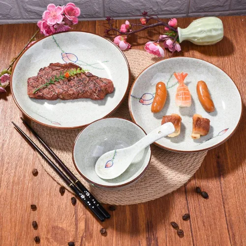 Miniatura 4 de Juego de vajilla de cerámica de 4 piezas, plato, plato, tazón, cuchara, juego de vajilla de mesa japonesa pintada a mano, un buen juego de vajilla