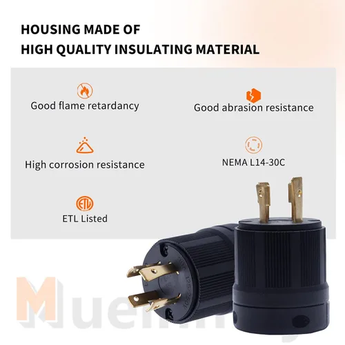 Miniatura 3 de Enchufe macho de bloqueo NEMA L14-30P 2PCS para generadores, enchufe eléctrico con extremo de cable de extensión 30A, 125/250V, 3 polos de 4 hilos