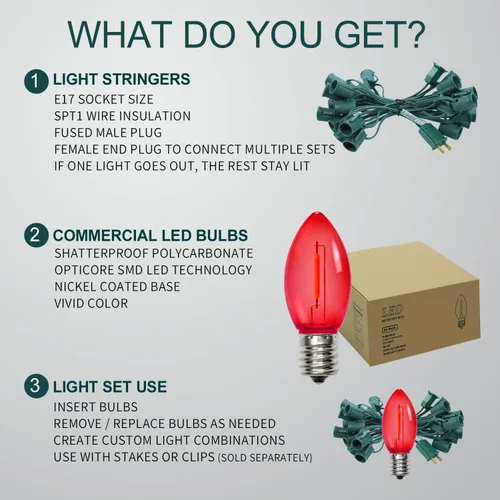 Miniatura 6 de C9 Luces de Cadena de Navidad, 25 pies 26 Bombillas Brillantes y Multicolores para Exteriores, Luces de Navidad para Techo, Patio, Jardín