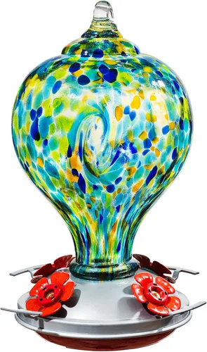 Miniatura 10 de Comederos para colibríes para exteriores colgantes, comedero para colibríes de vidrio soplado a mano de 32 oz para exteriores, 4 perchas con foso