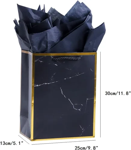 Miniatura 7 de ysmile Bolsa de papel de regalo de mármol negro con papel de seda para hombres, bolsa de favor de cumpleaños, paquete de 2 (mediano y grande)