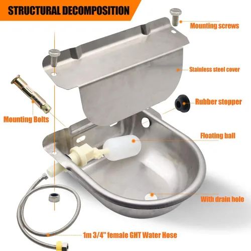 Miniatura 3 de Cuenco automático de agua potable para animales con válvula de flotador, dispensador de ganado de acero inoxidable 304 con orificio de drenaje