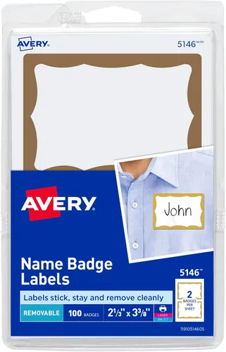 Etiquetas de nombre distintivo con borde dorado Avery, 2.343 in x 3.375 in, paquete de 100 unidades (05146), Doradoblanco