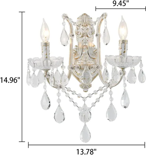 Miniatura 8 de YLONG-ZS Aplique de pared de cristal de campo francés, 2 luces envejecidas estilo vela de oro blanco con cristales de lágrima, decoración