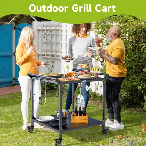 Miniatura 6 de NUUK Carrito de parrilla de 32" x 32" pulgadas, mesa de horno de pizza de acero inoxidable con doble estante rodante, isla de cocina, estación