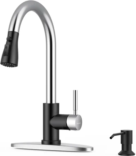 Miniatura 22 de WEWE Grifos de cocina con pulverizador desplegable, grifo de cocina de estilo granja en bronce cepillado con aceite, comercial, moderno, de arco