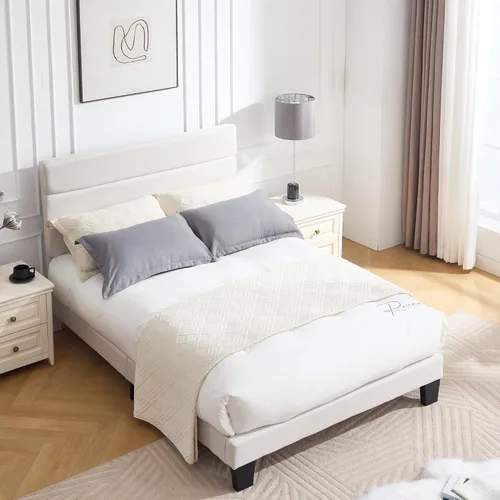 Armazón de Cama de Plataforma Tamaño Full, Armazón de Cama con Cabecera de Tela Suave con Listones de Madera Resistentes – Moderno y Sin Ruido, Base