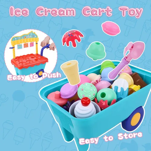 Miniatura 5 de Gifts2U Carrito de helado de juguete para niños, juego de 45 piezas de helado, tienda de juegos de simulación con carrito de almacenamiento