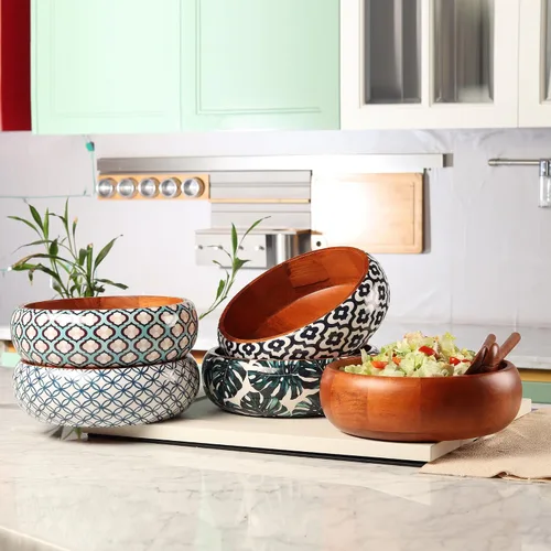 Miniatura 2 de Ensaladera de madera extra grande con 2 servidores, 12 x 4 pulgadas, capacidad de 4.5 cuartos de galón, cuenco para servir ensalada seguro