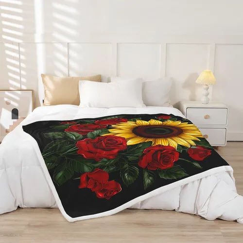 Miniatura 2 de Manfei Manta de girasol amarillo, manta de cama con rosas rojas para decoración de habitación de niños y niñas, manta floral de hojas verdes