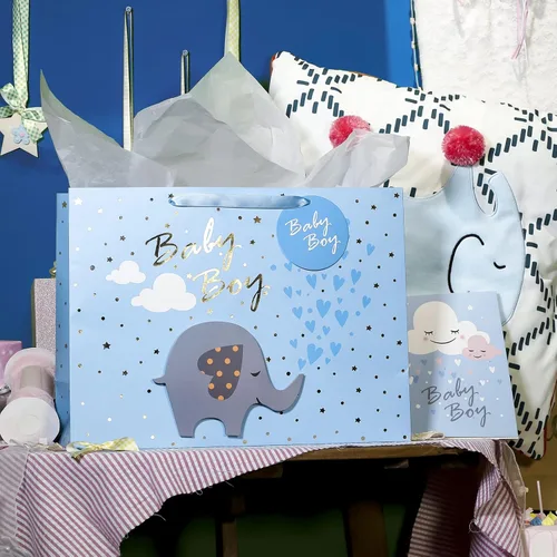 Miniatura 3 de MAYPLUSS Bolsa de regalo extra grande de 16 pulgadas con tarjeta de felicitación y papel de seda blanco, lindo bebé niño 3D haciendo bolsas