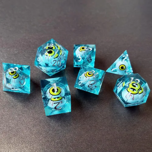 Miniatura 9 de BESCON - Juego de dados poliédricos con núcleo líquido con bordes afilados, dados poliédricos con borde de afeitar con globo ocular rodante