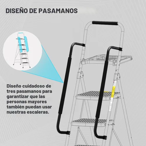 Miniatura 3 de HBTower Escalera de 5 escalones, taburete plegable con pedal antideslizante ancho, bandeja de herramientas y pasamanos, capacidad de 330 libras