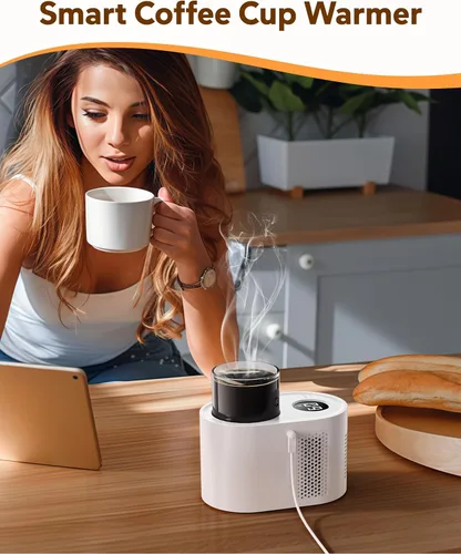 Miniatura 3 de Calentador de tazas para escritorio con taza de vidrio de 10.1 fl oz, calentador inteligente de biberones 3 en 1, enfriador de bebidas