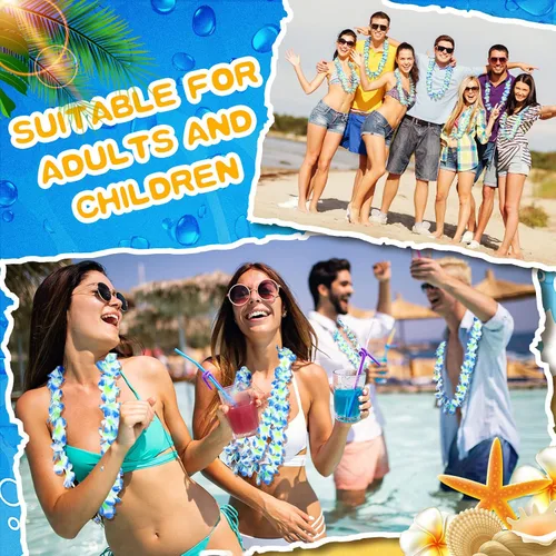 Miniatura 5 de Jexine 50 unidades de collar hawaiano Leis de flores tropicales para fiesta Luau, flores artificiales, lazo para el cuello para decoración de playa