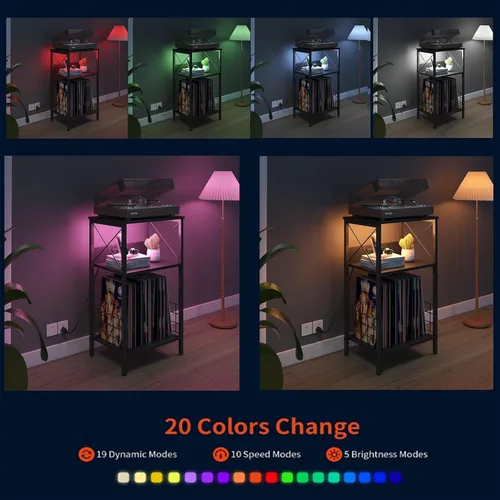 Miniatura 6 de Sthmec - Mesa auxiliar de 3 niveles con estación de carga, tocadiscos LED para almacenamiento de vinilo, estante de discos para álbumes, mesas