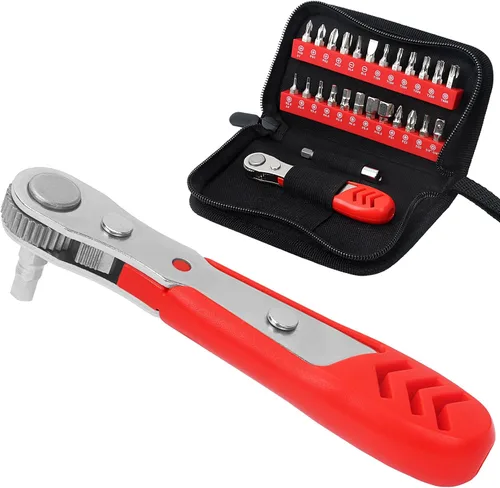 Miniatura 12 de STREBITO Destornillador de ángulo recto de 32 piezas de 1/4 de pulgada, juego de brocas de desplazamiento de perfil bajo con llave de trinquete