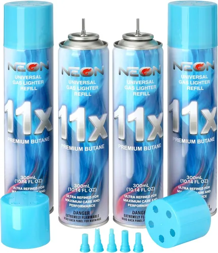 NEON - Recarga de butano, 11X combustible de butano ultra refinado, líquido para encendedores premium de 300ml con boquilla metálica y 5 adaptadores