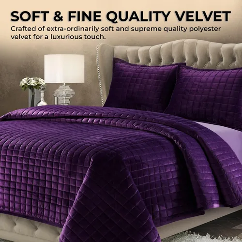 Miniatura 3 de Tribeca Living FLORENCEQUIKISI - Juego de acolchado Florencia, de terciopelo, sólido, tamaño grande) Morado
