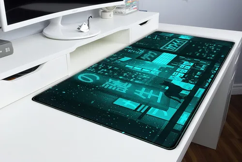 Miniatura 6 de Alfombrilla de escritorio japonesa en cian y verde, alfombrilla de ratón extendida de neón de Tokio con gatos de anime, alfombrilla de ratón XXL