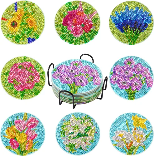 Miniatura 10 de Cheriswelry 8 posavasos de girasol para bricolaje, diseño de flores, diamantes con soporte 5D, kit de alfombrilla de pintura de diamantes