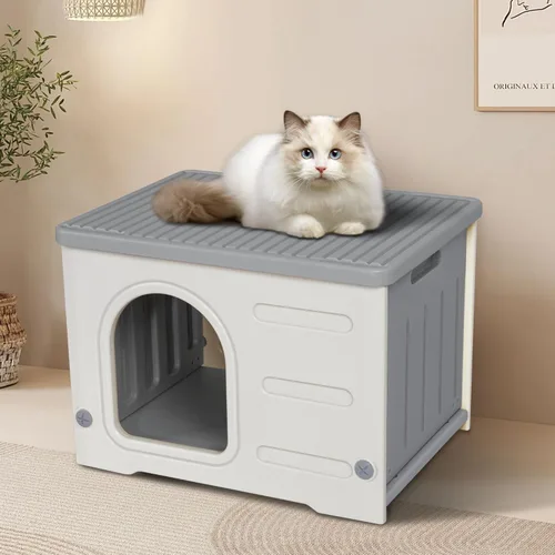 Miniatura 7 de Deblue Casa de plástico para gatos para interiores y exteriores, resistente a la intemperie, para gatos salvajes, refugio único para gatos pequeños